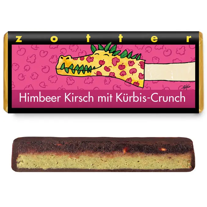 Himbeer Kirsch mit Kürbis-Crunch - handgeschöpfte Schokolade