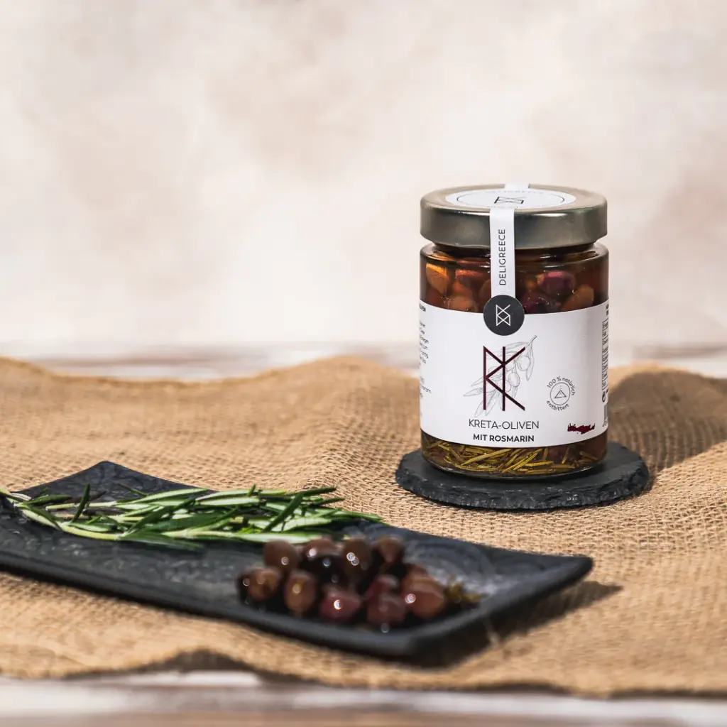 Kreta-Oliven mit Rosmarin in Meersalzlake 340g