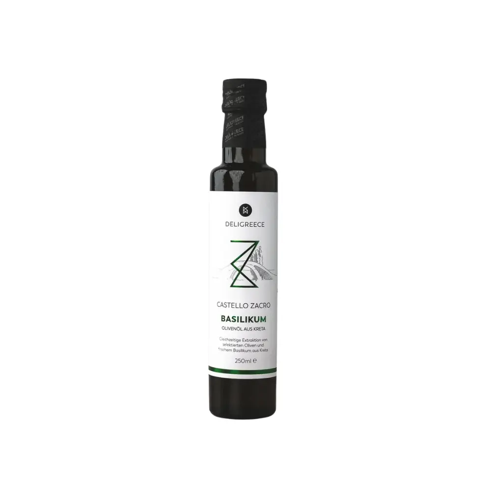 Castello Zacro Basilikum-Olivenöl 250ml aus Griechenland im Glas
