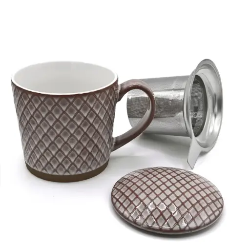 [BT01574] Steingut Kräuterteetasse mit Metallsieb und Deckel 500ml, Farbe rotbraun